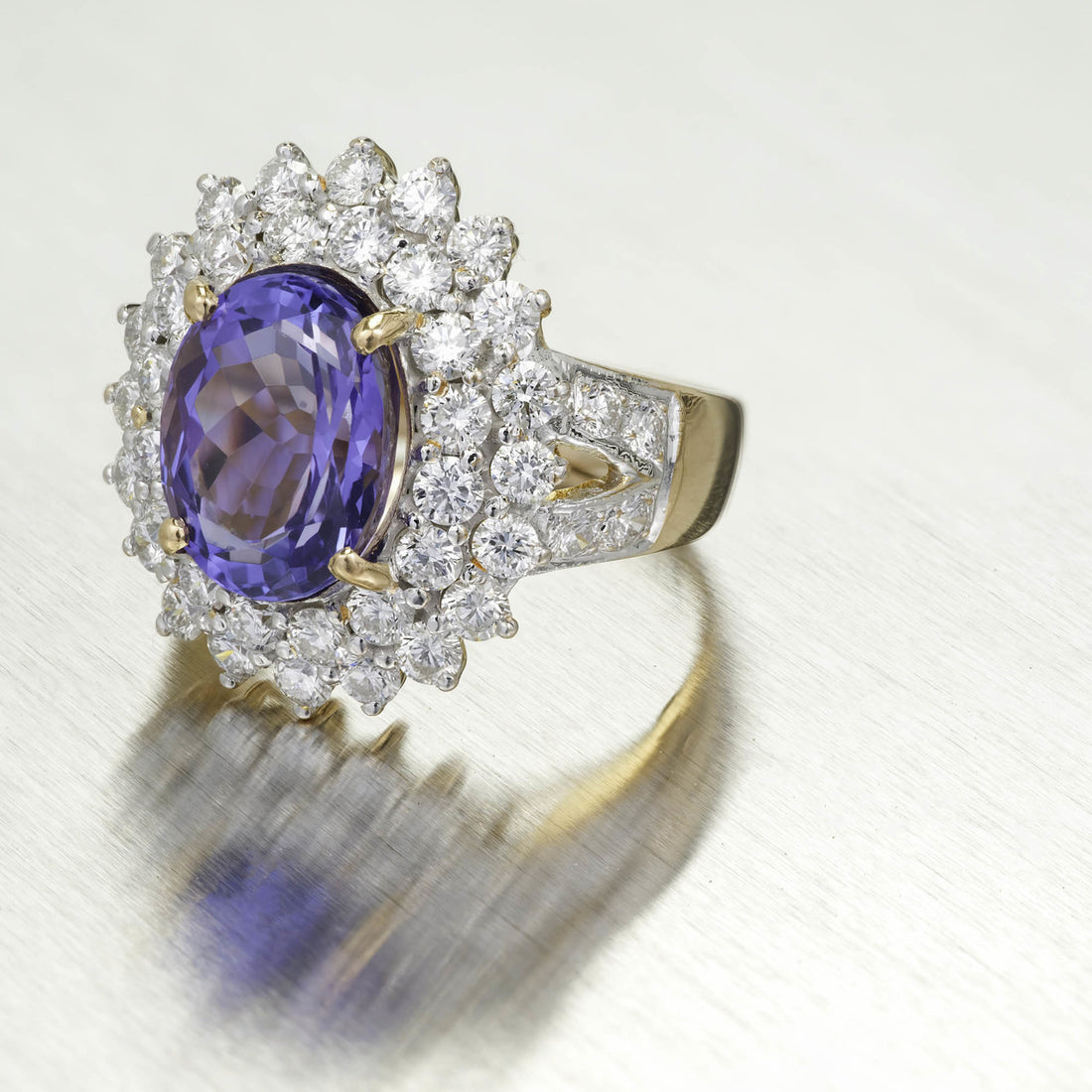 5.17 Carat Oval Purple Blue Tanzanite Diamond Halo Gold Cluster Cocktail Ring – image 4