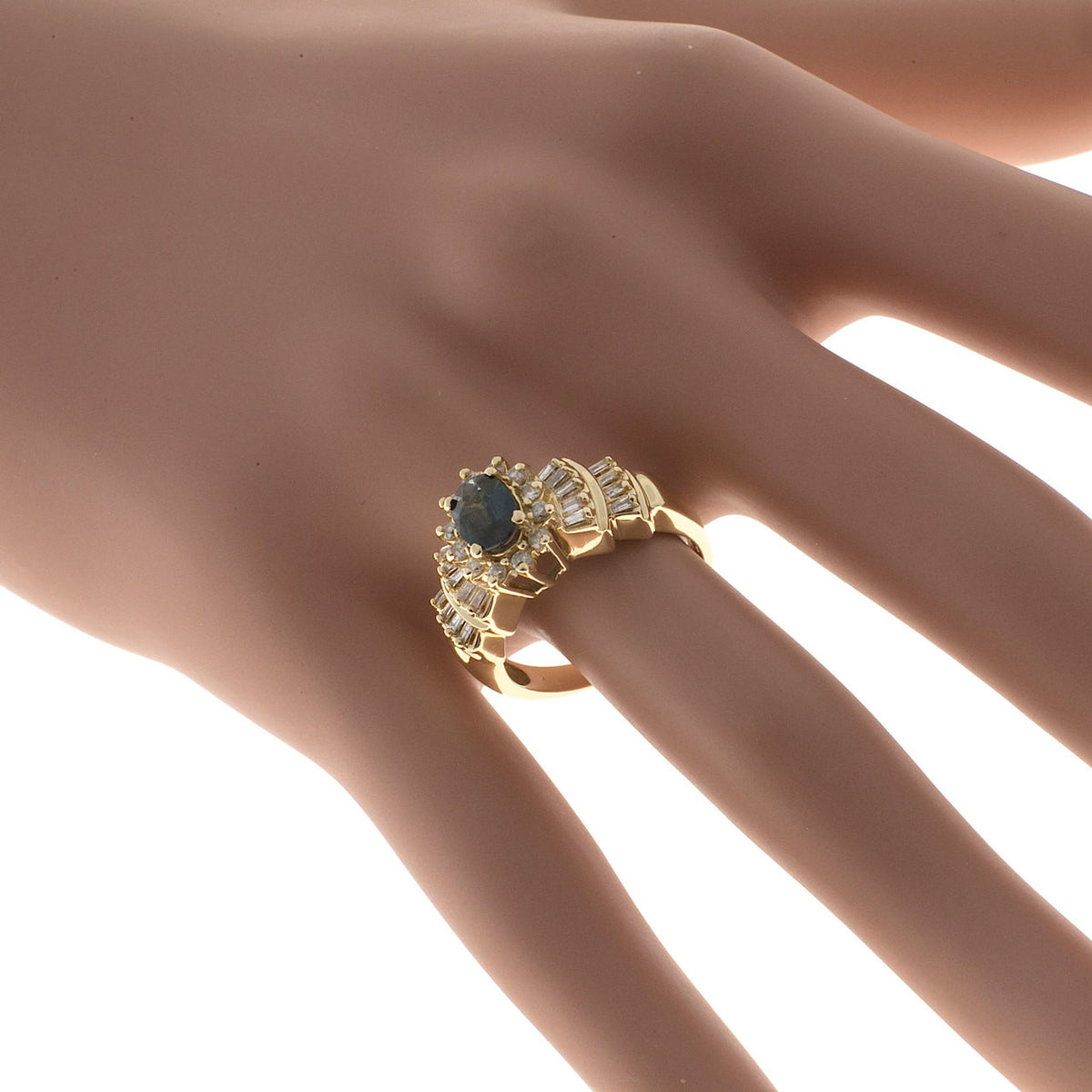 Vintage 1.00ct Oval Blue Sapphire Round Baguette Diamond Cluster Ring – image 9