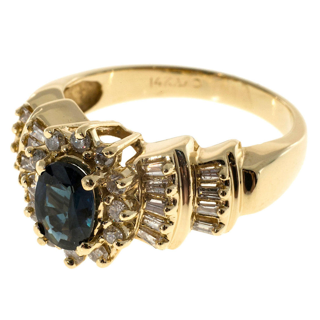 Vintage 1.00ct Oval Blue Sapphire Round Baguette Diamond Cluster Ring – image 5