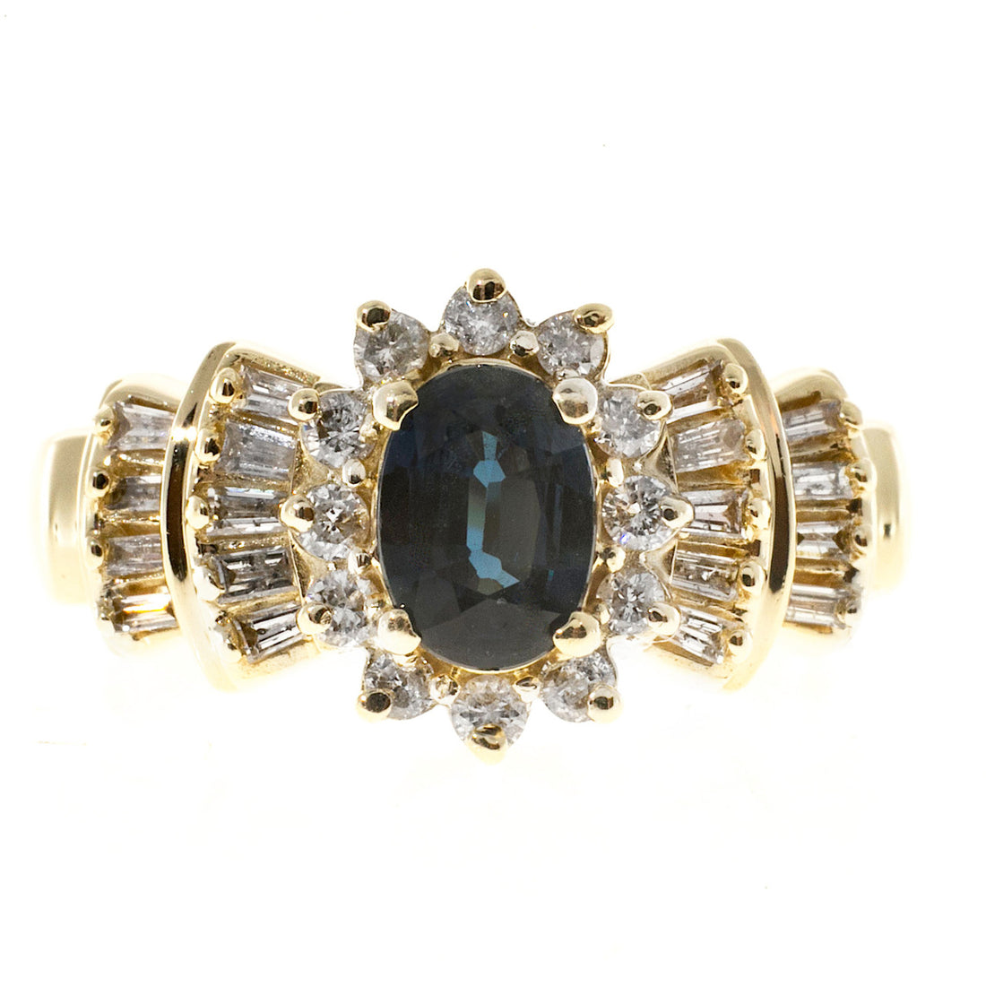 Vintage 1.00ct Oval Blue Sapphire Round Baguette Diamond Cluster Ring – image 8
