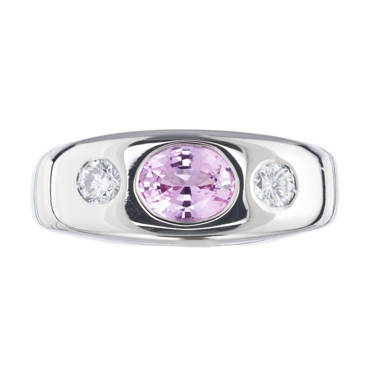 .85 Carat Pink Sapphire Diamond Gold Three-Stone Gypsy Ring – image 2