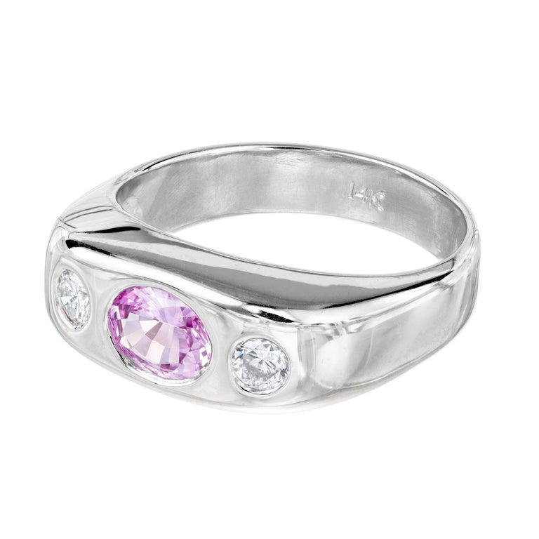 .85 Carat Pink Sapphire Diamond Gold Three-Stone Gypsy Ring – image 6