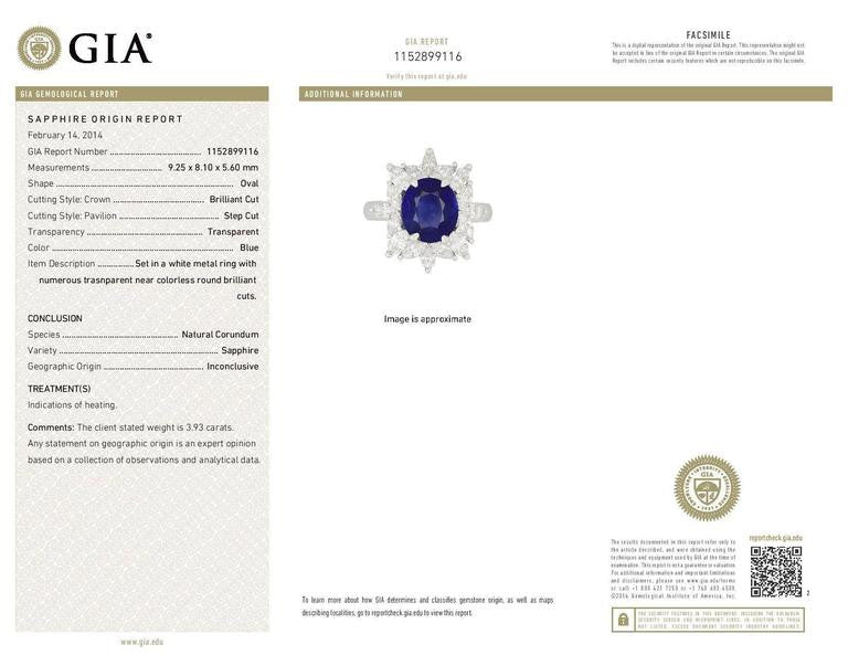 GIA Certified 3.93 Carat Sapphire Diamond Halo Platinum Engagement Ring – image 6