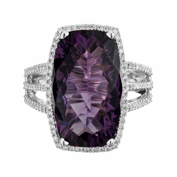 Bright Purple 8.43ct Cushion Amethyst Halo Diamond 14k White Gold Ring