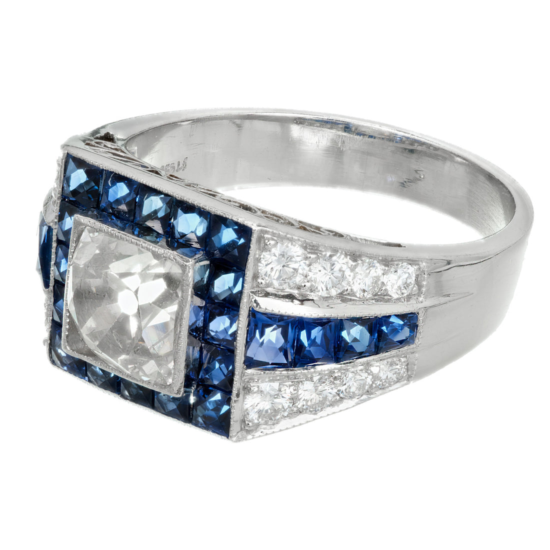 EGL Certified 1.48 Carat Art Deco Sapphire Diamond Platinum Engagement Ring – image 5