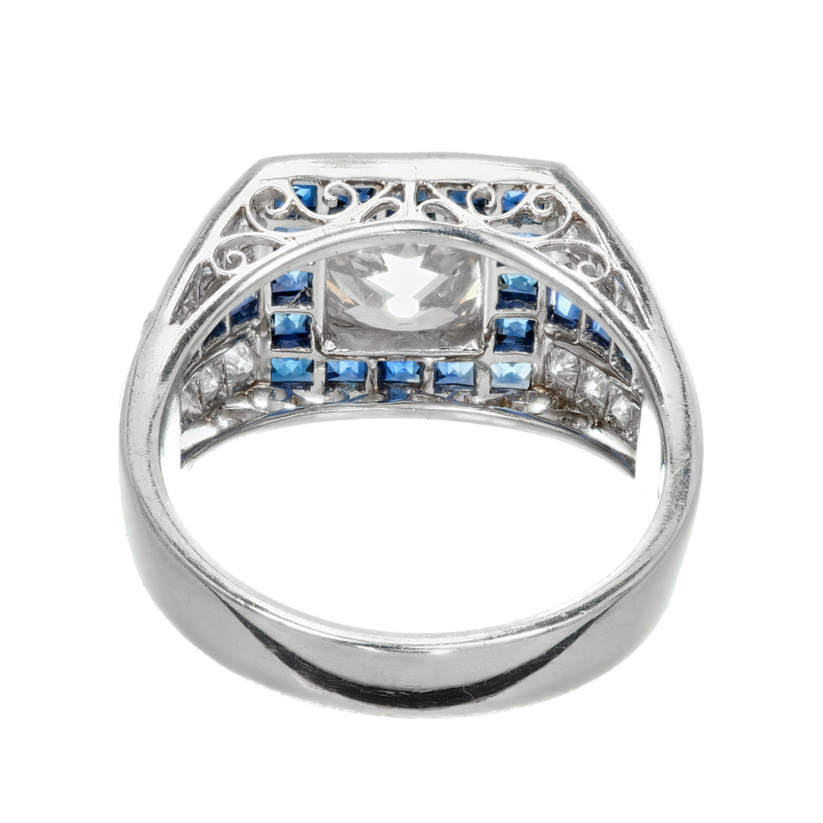EGL Certified 1.48 Carat Art Deco Sapphire Diamond Platinum Engagement Ring – image 7
