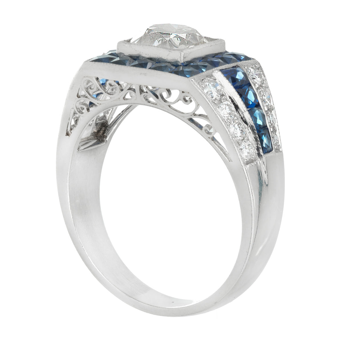 EGL Certified 1.48 Carat Art Deco Sapphire Diamond Platinum Engagement Ring – image 10