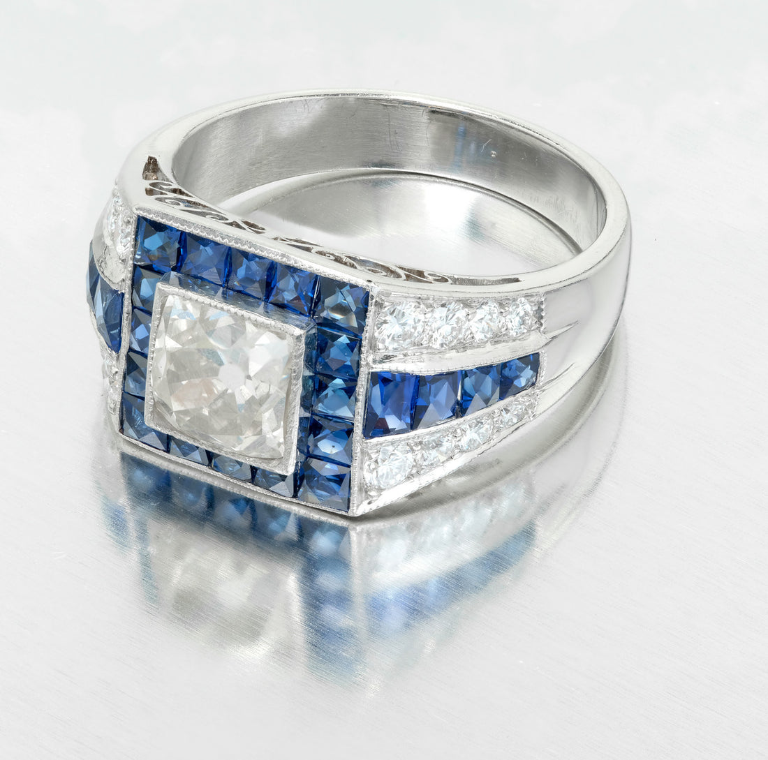 EGL Certified 1.48 Carat Art Deco Sapphire Diamond Platinum Engagement Ring – image 4