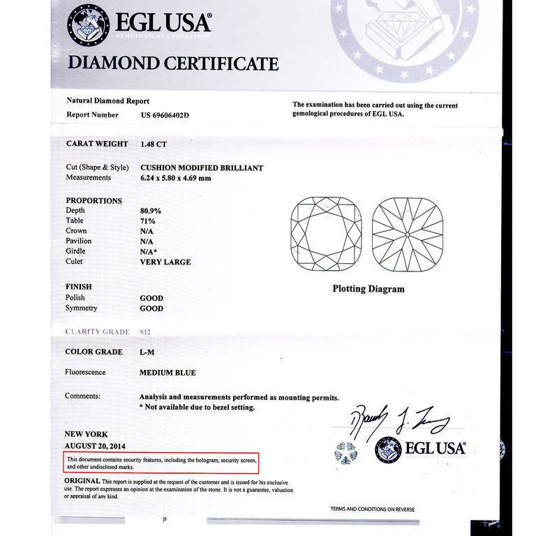 EGL Certified 1.48 Carat Art Deco Sapphire Diamond Platinum Engagement Ring – image 3