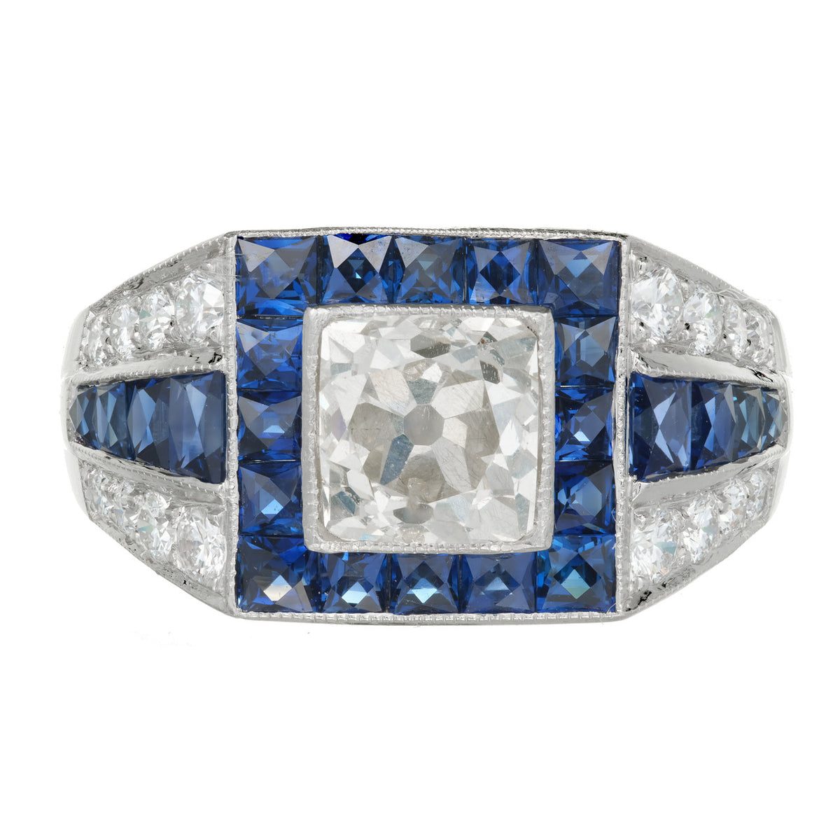 EGL Certified 1.48 Carat Art Deco Sapphire Diamond Platinum Engagement Ring – image 2