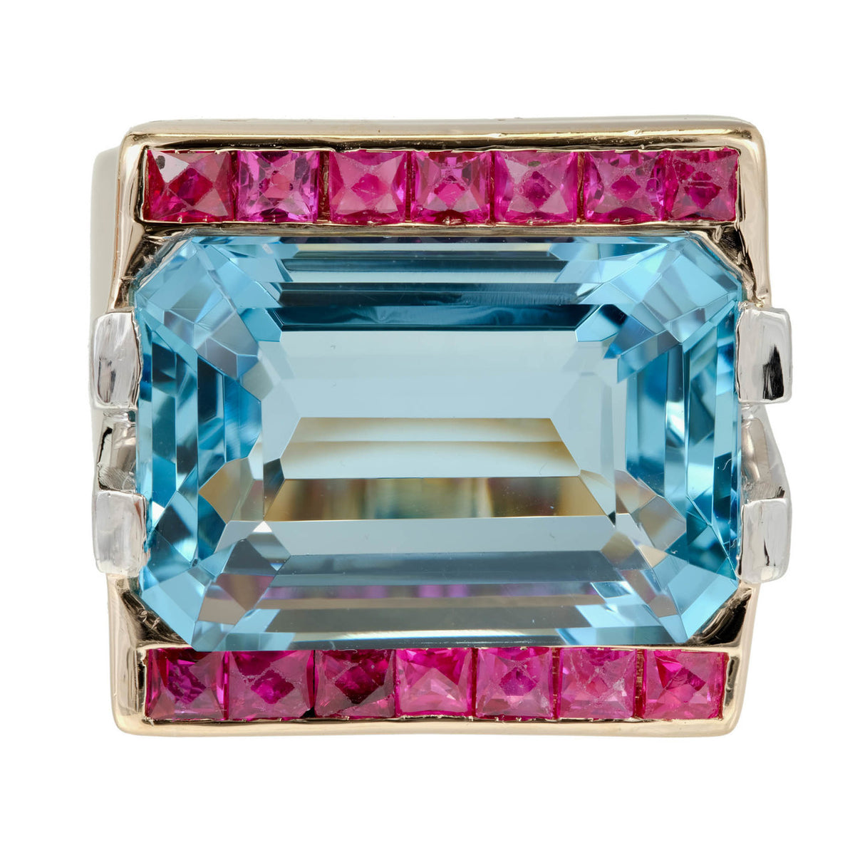 15.83 Carat Natural Aquamarine Ruby Diamond Gold Platinum Art Deco Cocktail Ring – image 2