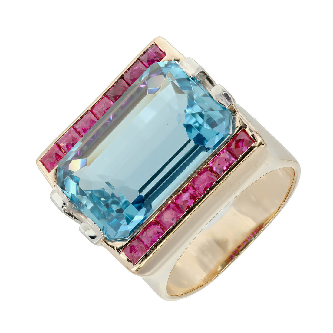 15.83 Carat Natural Aquamarine Ruby Diamond Gold Platinum Art Deco Cocktail Ring – image 4