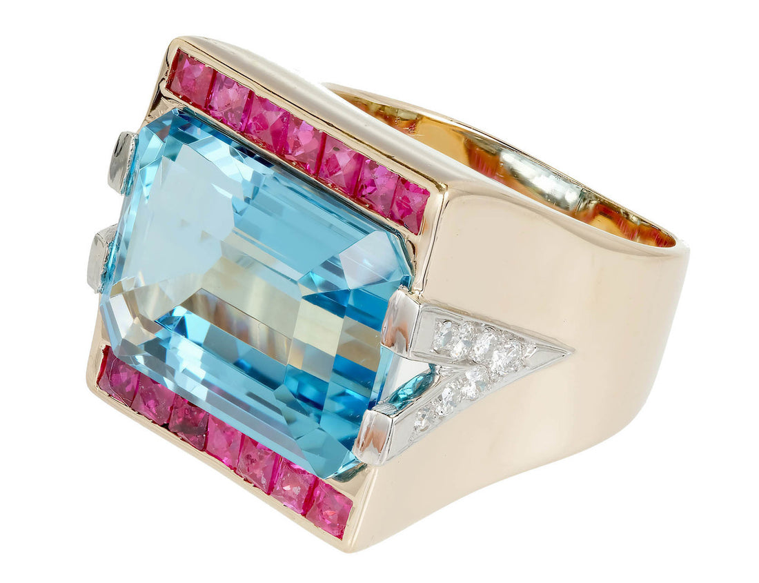 15.83 Carat Natural Aquamarine Ruby Diamond Gold Platinum Art Deco Cocktail Ring – image 5