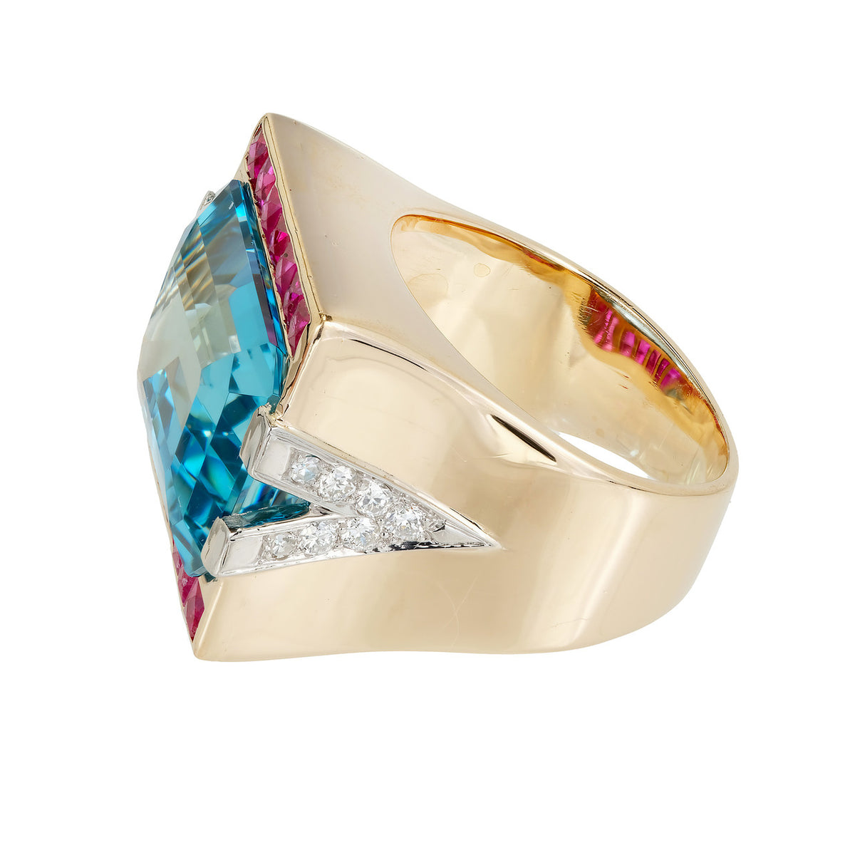 15.83 Carat Natural Aquamarine Ruby Diamond Gold Platinum Art Deco Cocktail Ring – image 6