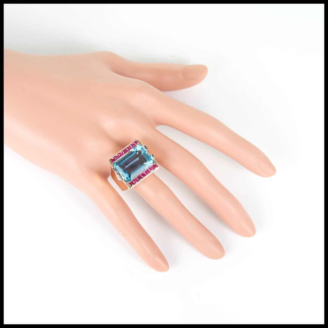 15.83 Carat Natural Aquamarine Ruby Diamond Gold Platinum Art Deco Cocktail Ring – image 8
