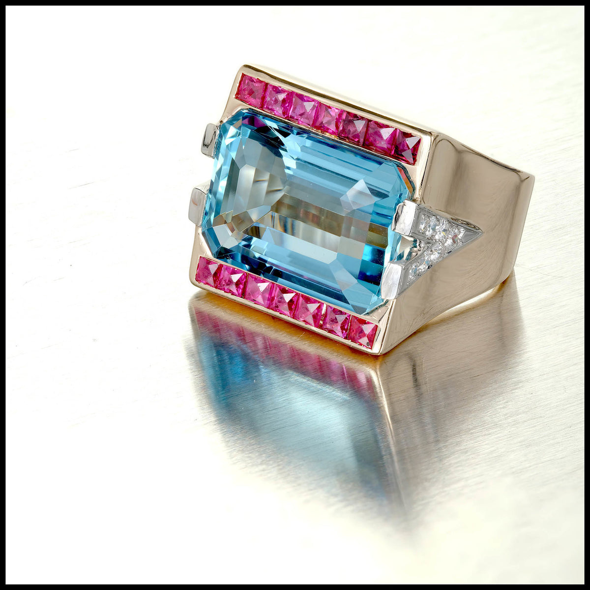 15.83 Carat Natural Aquamarine Ruby Diamond Gold Platinum Art Deco Cocktail Ring – image 3