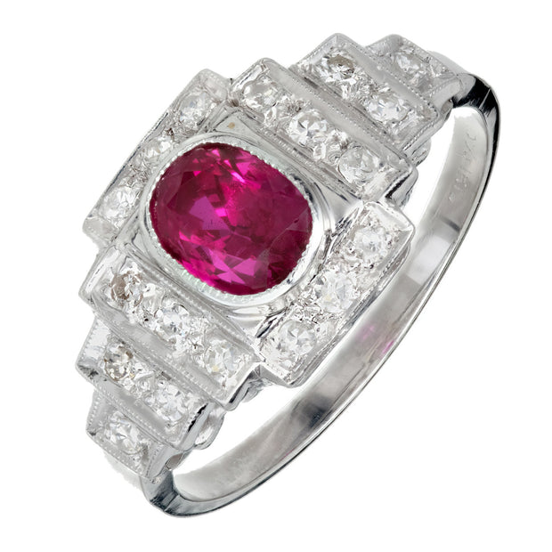GIA Certified 1.04 Carat Oval Ruby Diamond Art Deco Platinum Engagement Ring