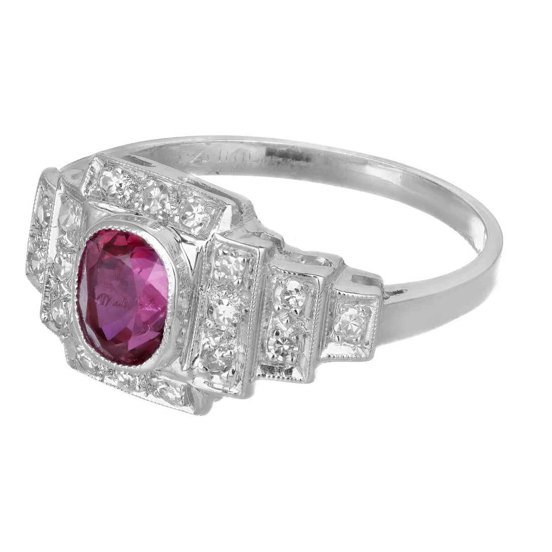GIA Certified 1.04 Carat Oval Ruby Diamond Art Deco Platinum Engagement Ring – image 6