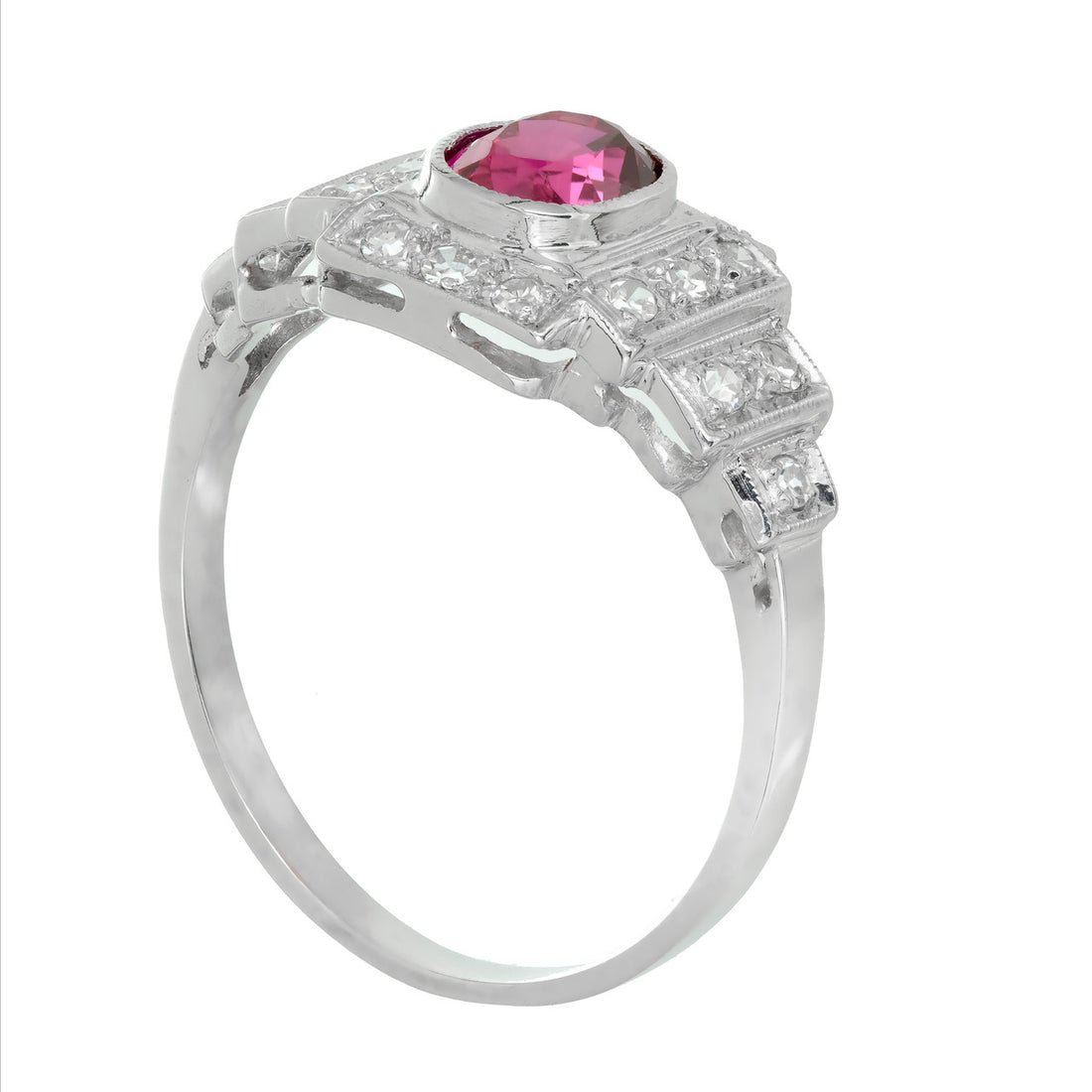 GIA Certified 1.04 Carat Oval Ruby Diamond Art Deco Platinum Engagement Ring – image 9