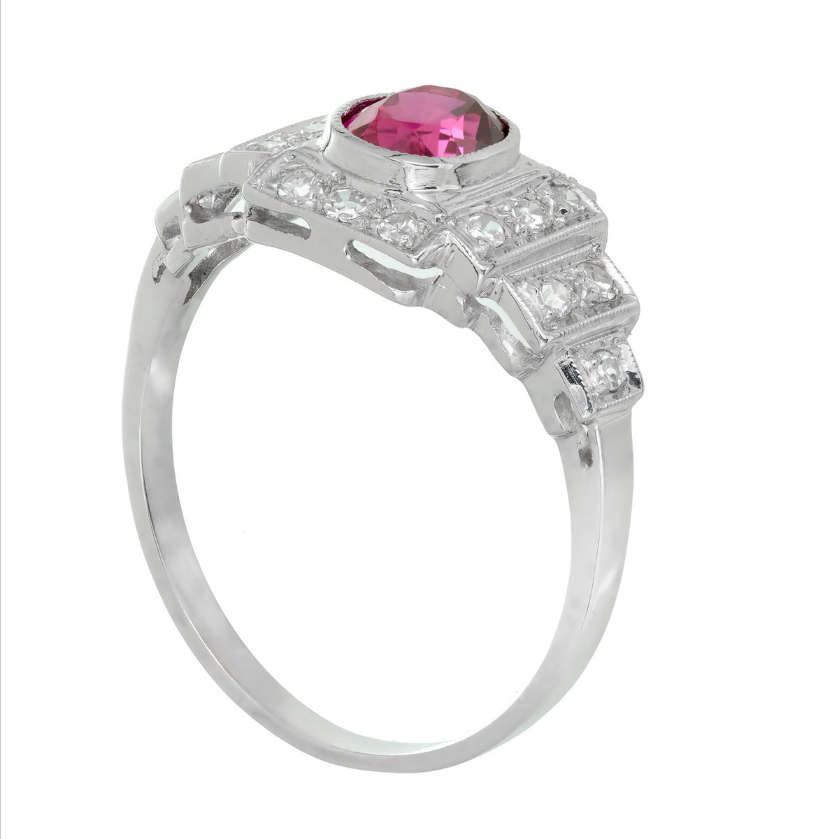 GIA Certified 1.04 Carat Oval Ruby Diamond Art Deco Platinum Engagement Ring – image 9