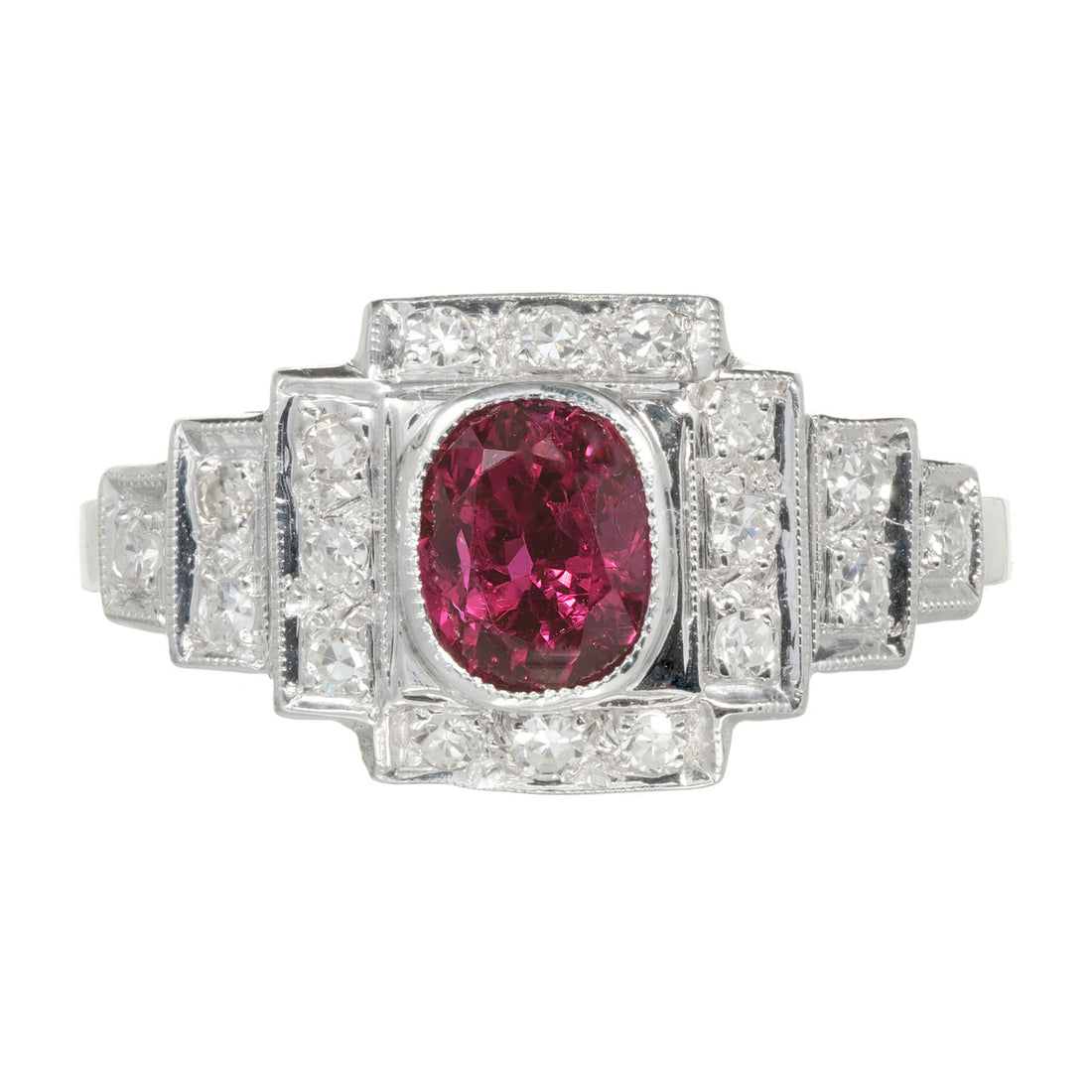 GIA Certified 1.04 Carat Oval Ruby Diamond Art Deco Platinum Engagement Ring – image 2