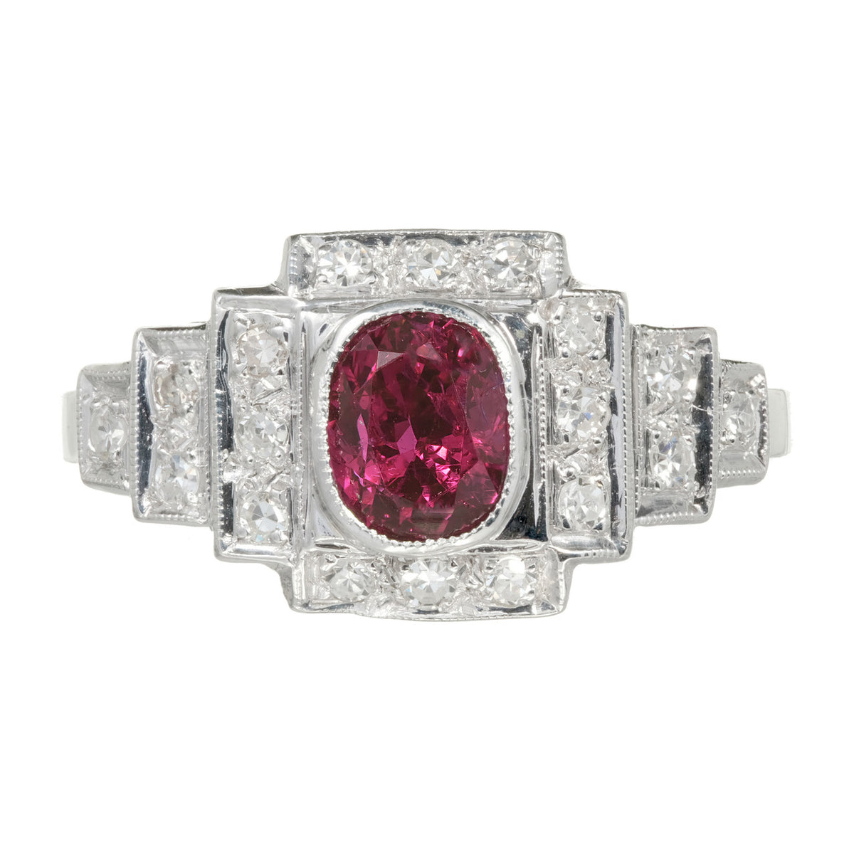 GIA Certified 1.04 Carat Oval Ruby Diamond Art Deco Platinum Engagement Ring – image 2