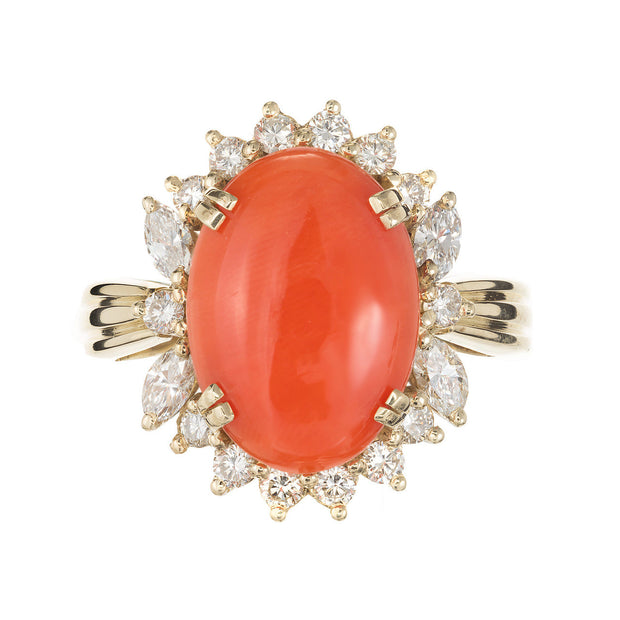 Vintage Mid Century Certified Natural Orange Coral 14k Yellow Gold Diamond Ring