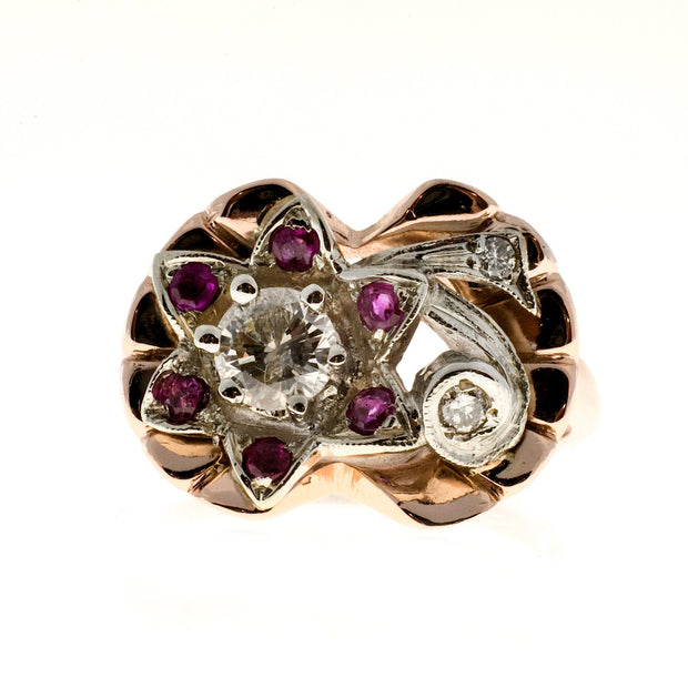 Vintage Retro Flower Ring Ruby Diamond 14k Pink Gold 1935
