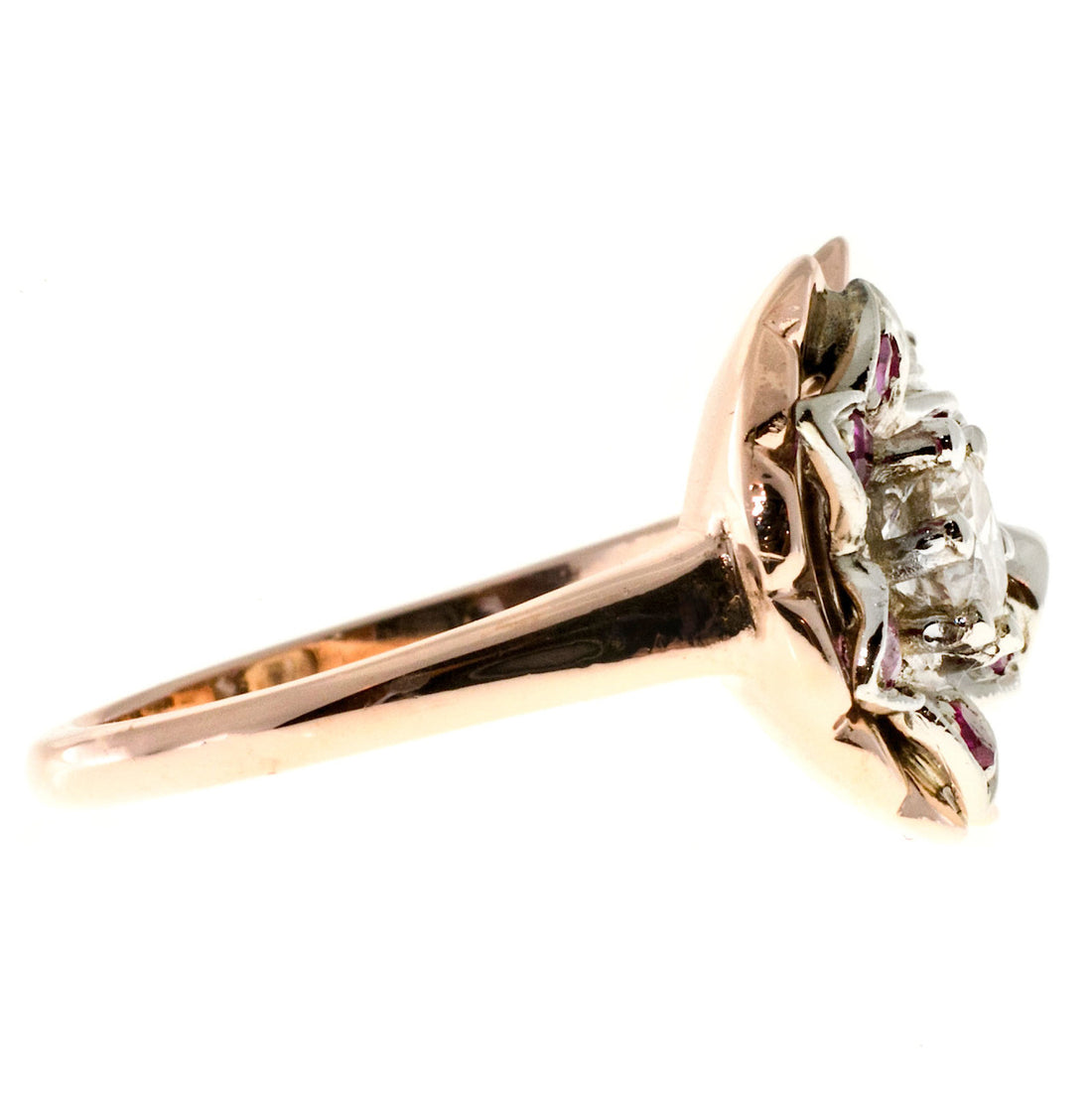 Vintage Retro Flower Ring Ruby Diamond 14k Pink Gold 1935 – image 3