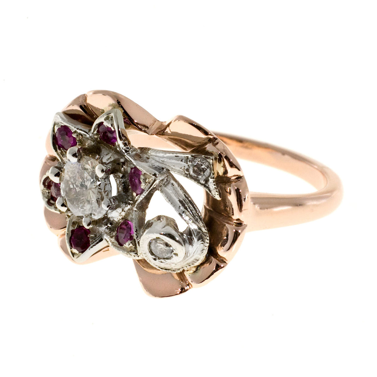 Vintage Retro Flower Ring Ruby Diamond 14k Pink Gold 1935 – image 4