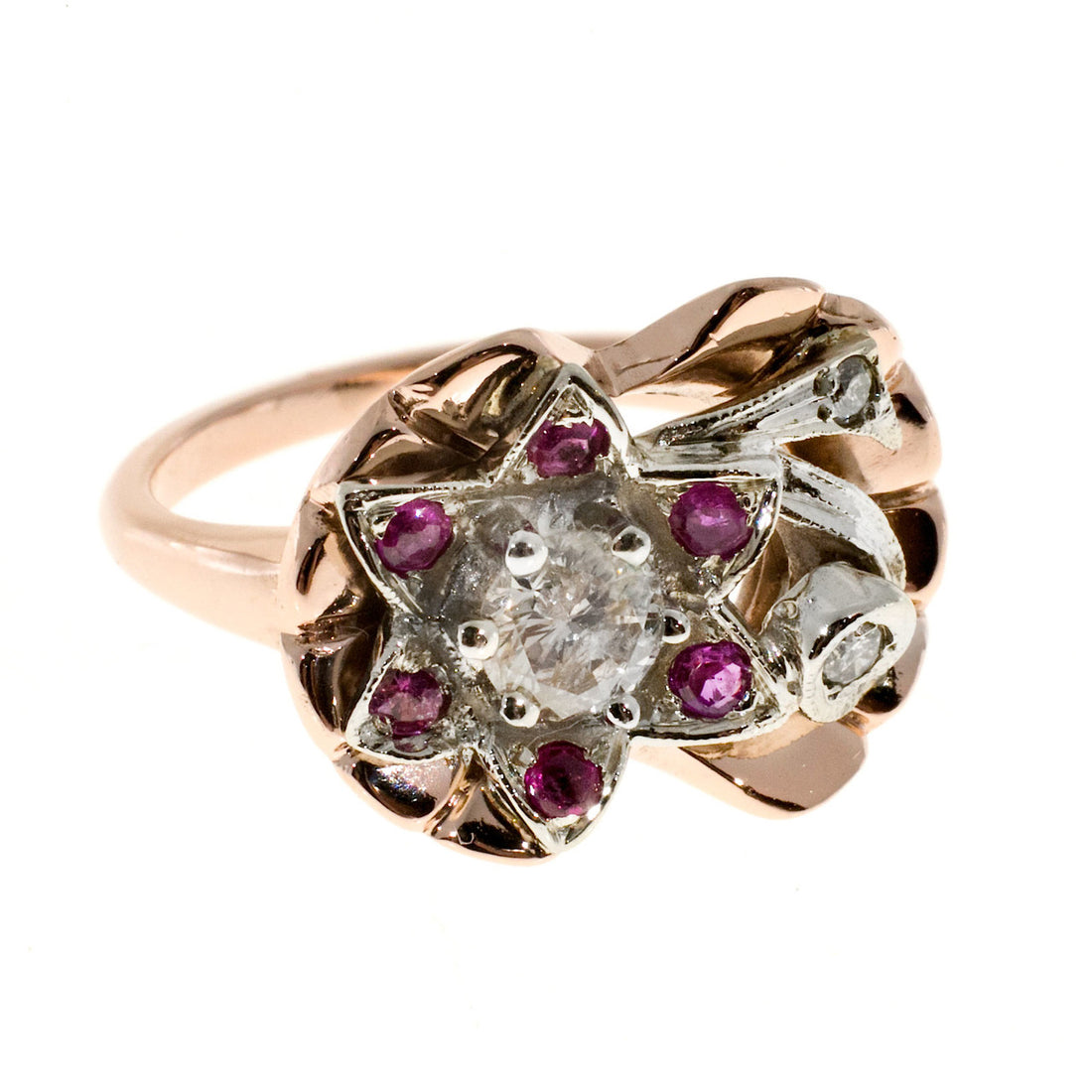 Vintage Retro Flower Ring Ruby Diamond 14k Pink Gold 1935 – image 2