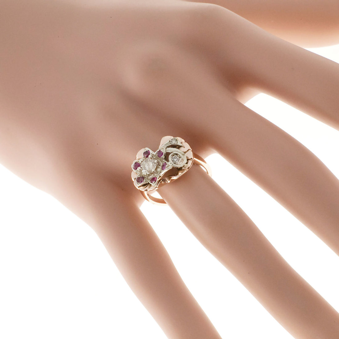 Vintage Retro Flower Ring Ruby Diamond 14k Pink Gold 1935 – image 6