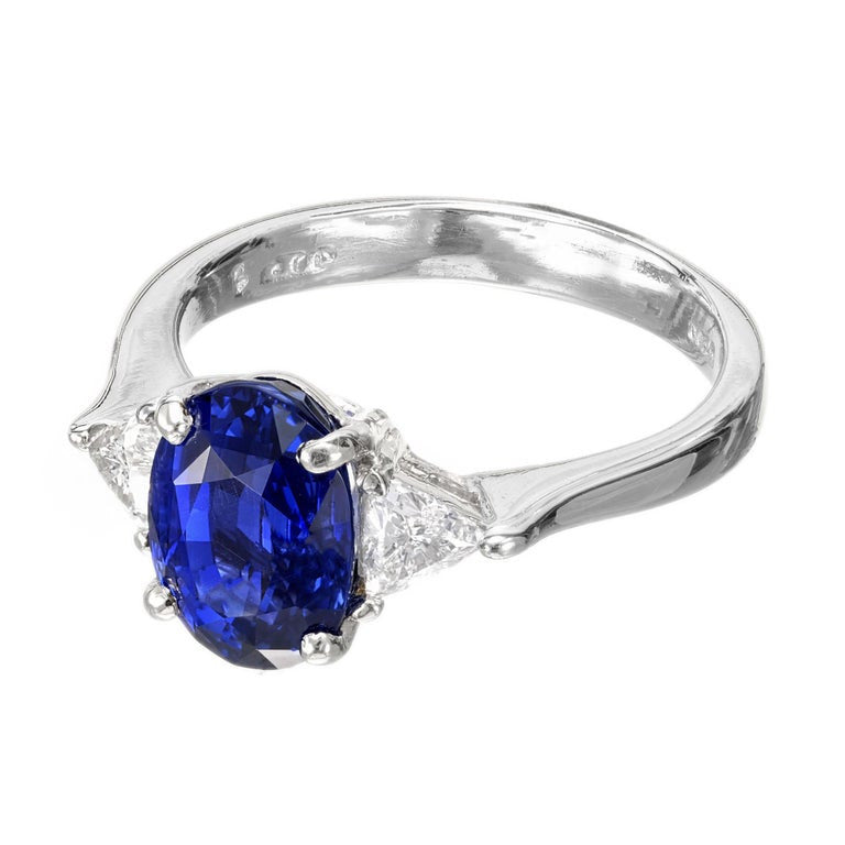 3.18 Carat Blue Sapphire Diamond Platinum Three-Stone Engagement Ring – image 5
