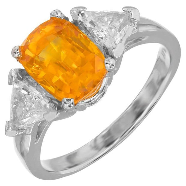 GIA 2.89 Carat Cushion Orange Yellow Sapphire Diamond Platinum Engagement Ring