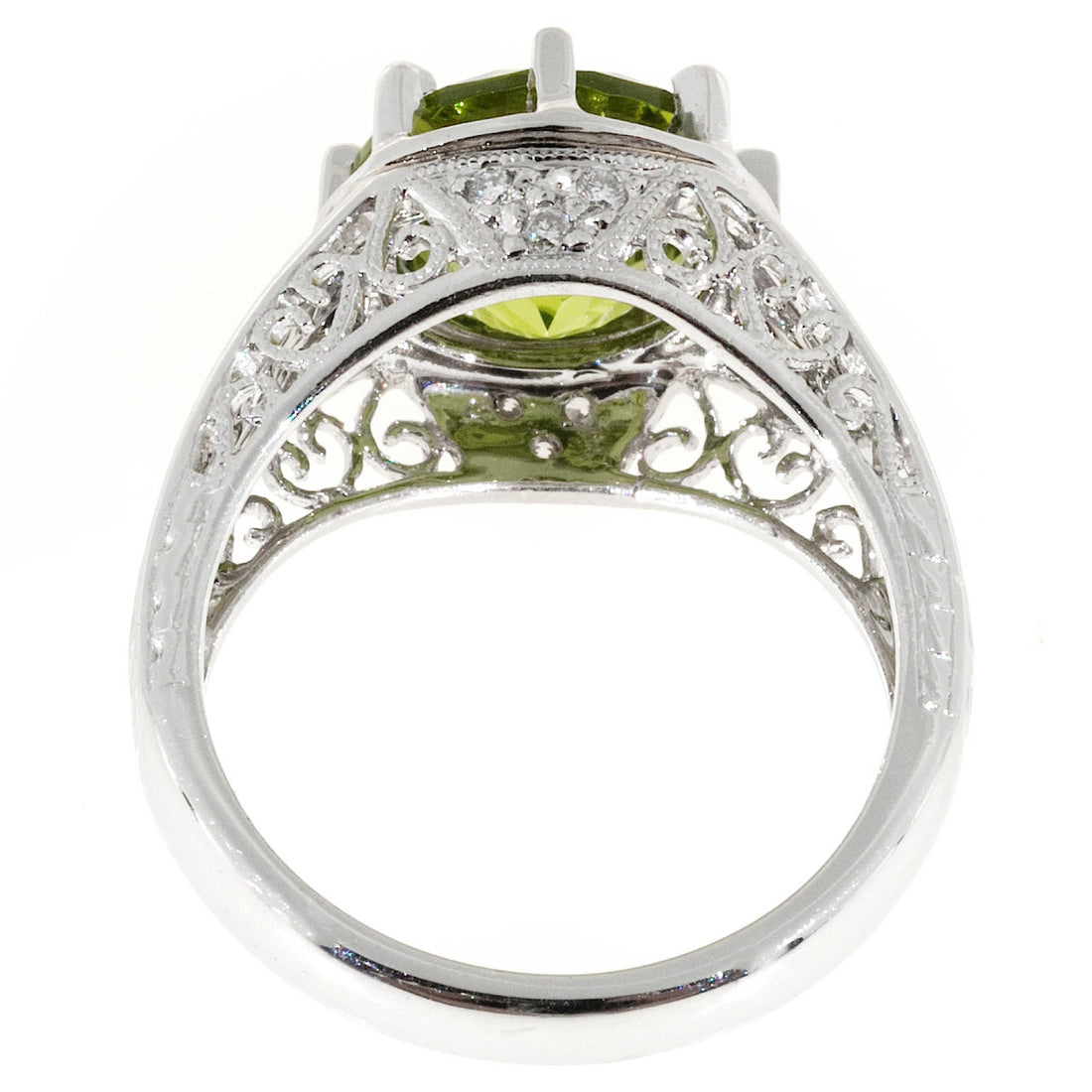 4.25 Carat Peridot Diamond Platinum Filigree Engagement Ring – image 4