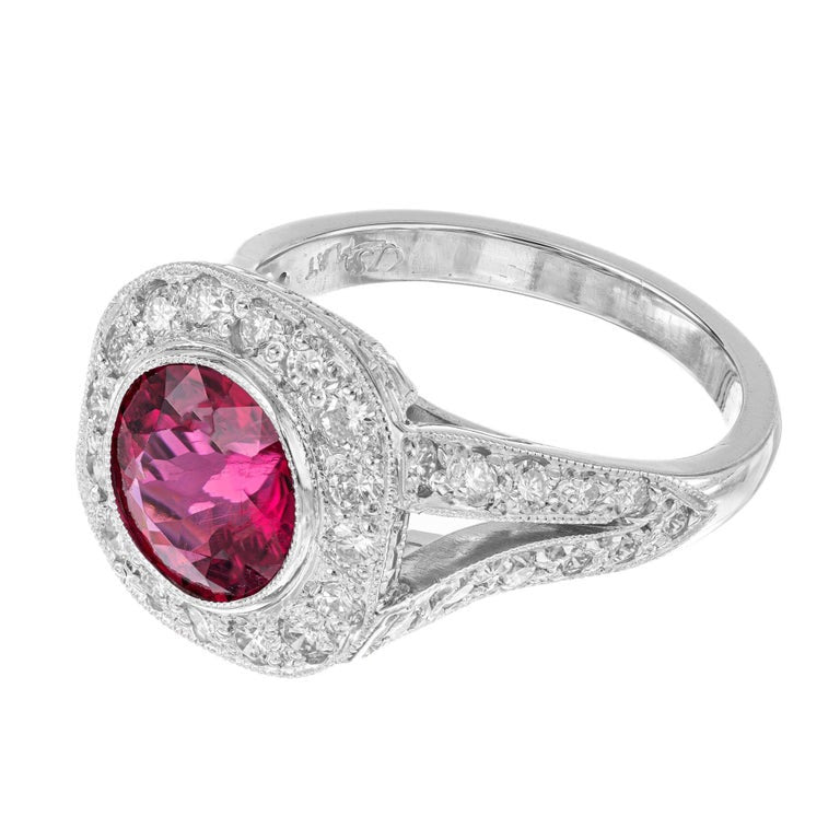 2.20 Carat Pink Red Rubellite Tourmaline Diamond Halo Platinum Engagement Ring – image 2
