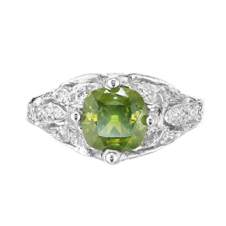 1.04 Carat Green Demantoid Garnet Diamond Platinum Art Deco Engagement Ring – image 2