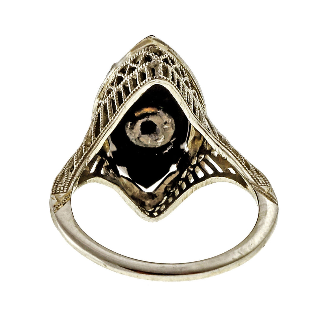 Vintage 1930 Werner 18k White Gold Onyx Filigree Diamond Ring – image 8