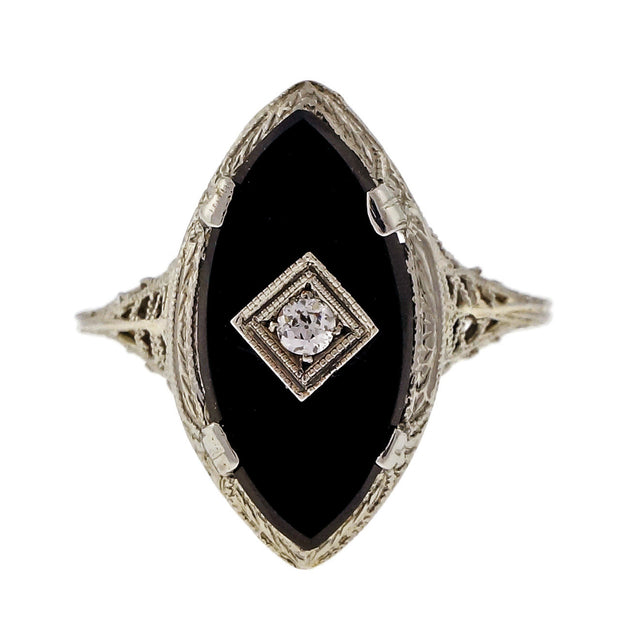 Vintage 1930 Werner 18k White Gold Onyx Filigree Diamond Ring