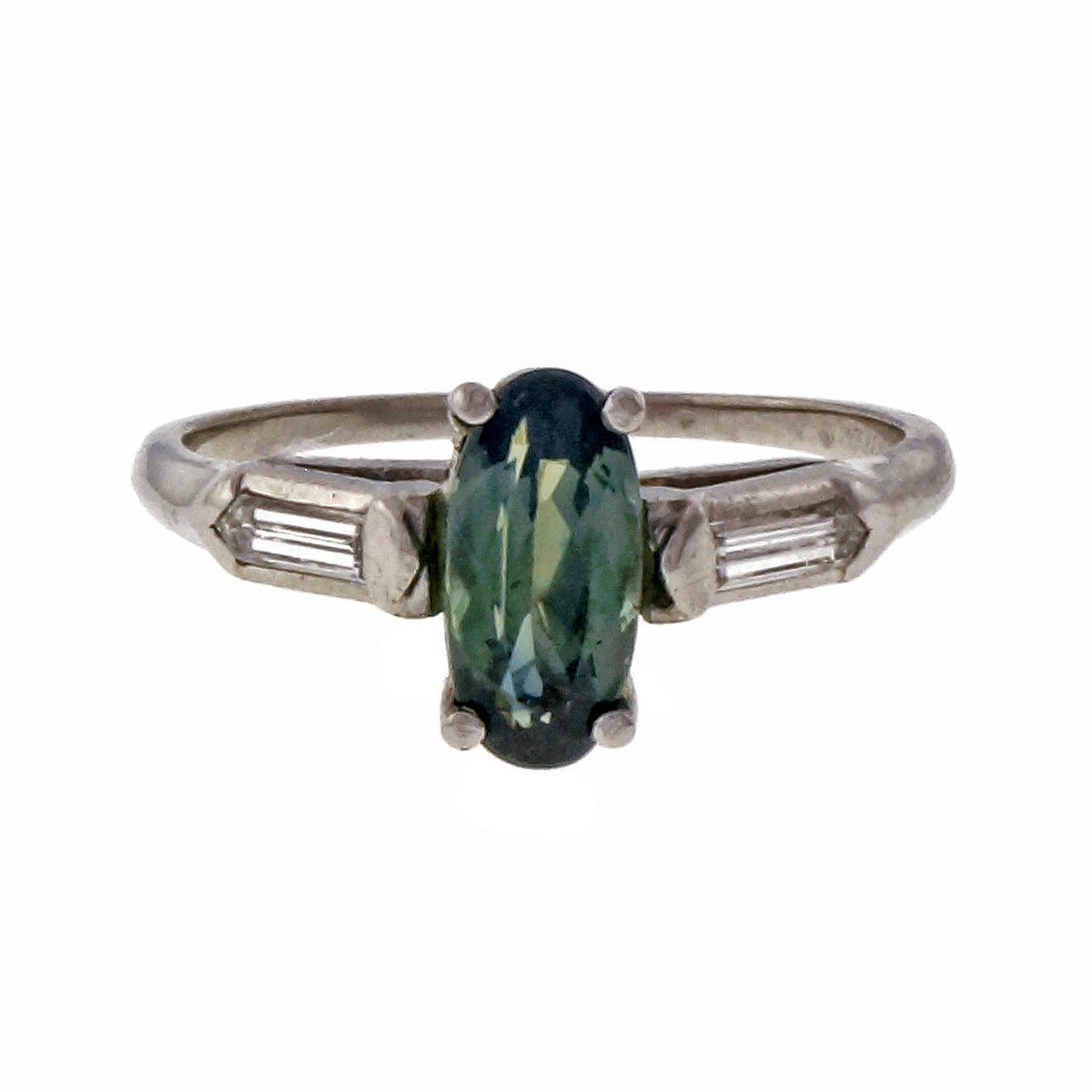Vintage Platinum Mint Blue Green Oval 1.62ct Sapphire Platinum Engagement Ring