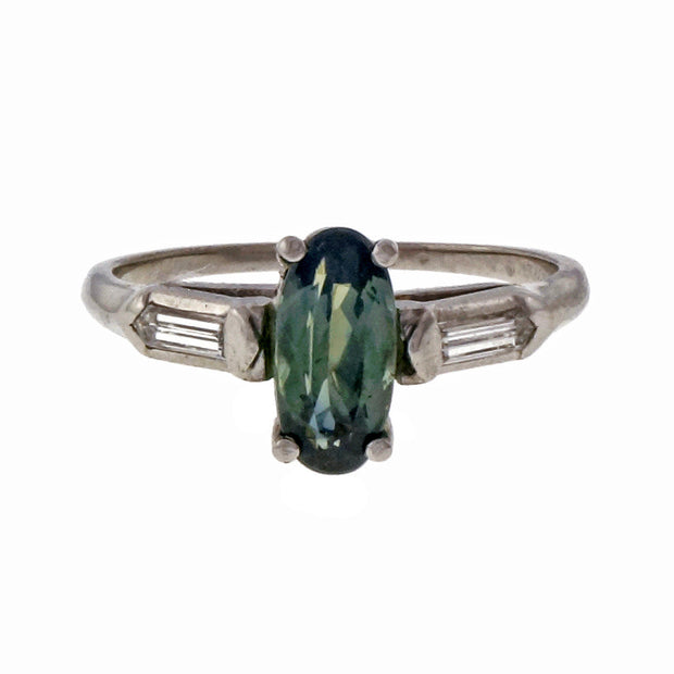 Vintage Platinum Mint Blue Green Oval 1.62ct Sapphire Platinum Engagement Ring