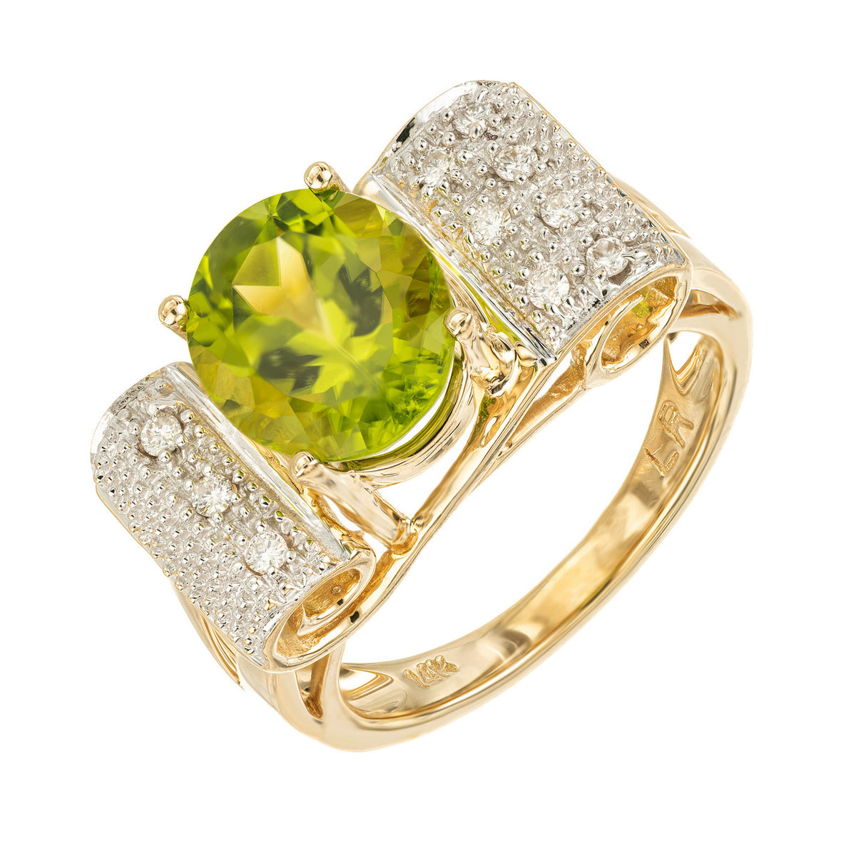3.00 Carat Oval Peridot Diamond Swirl Gold Dinner Ring
