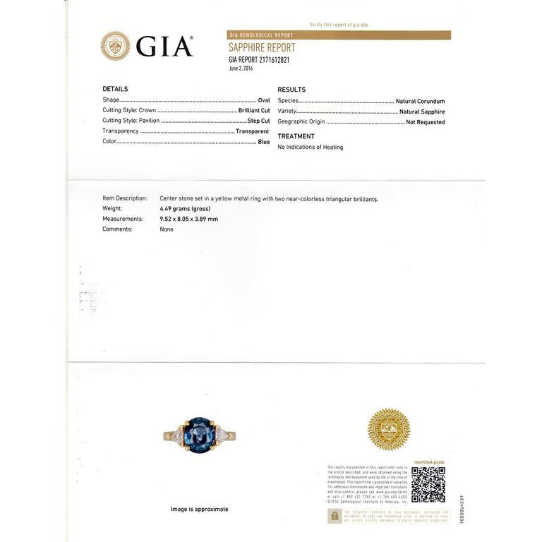 GIA Certified 2.20 Carat Blue Sapphire Diamond Three-Stone Gold Engagement Ring – image 3