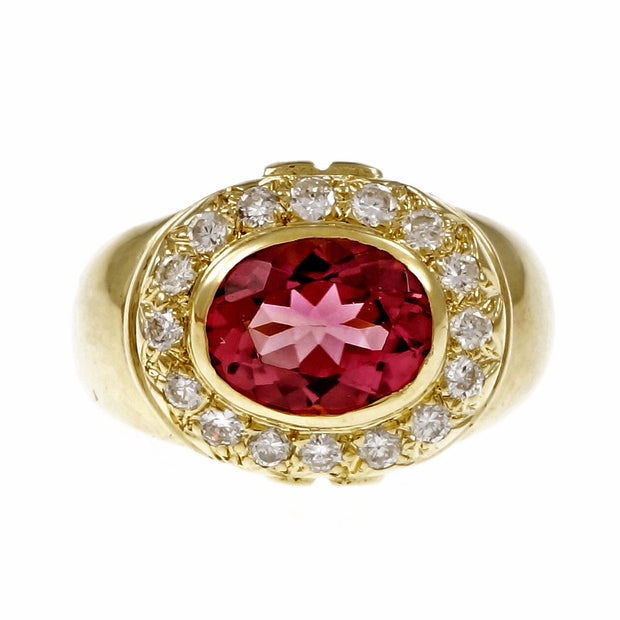 Bright Pink Tourmaline Ring 18k Yellow Gold Diamond