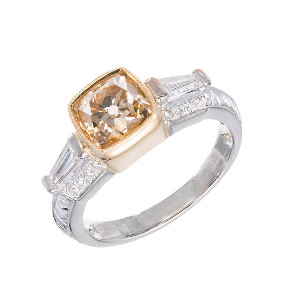 Natural Brown Yellow Antique Cushion Diamond Ring Platinum 18k Gold
