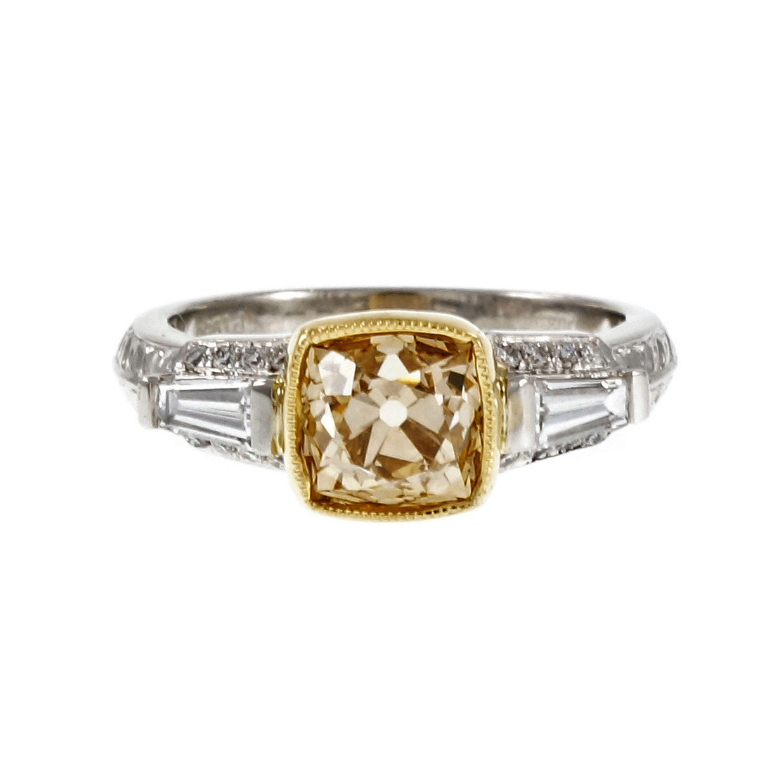 Natural Brown Yellow Antique Cushion Diamond Ring Platinum 18k Gold – image 4