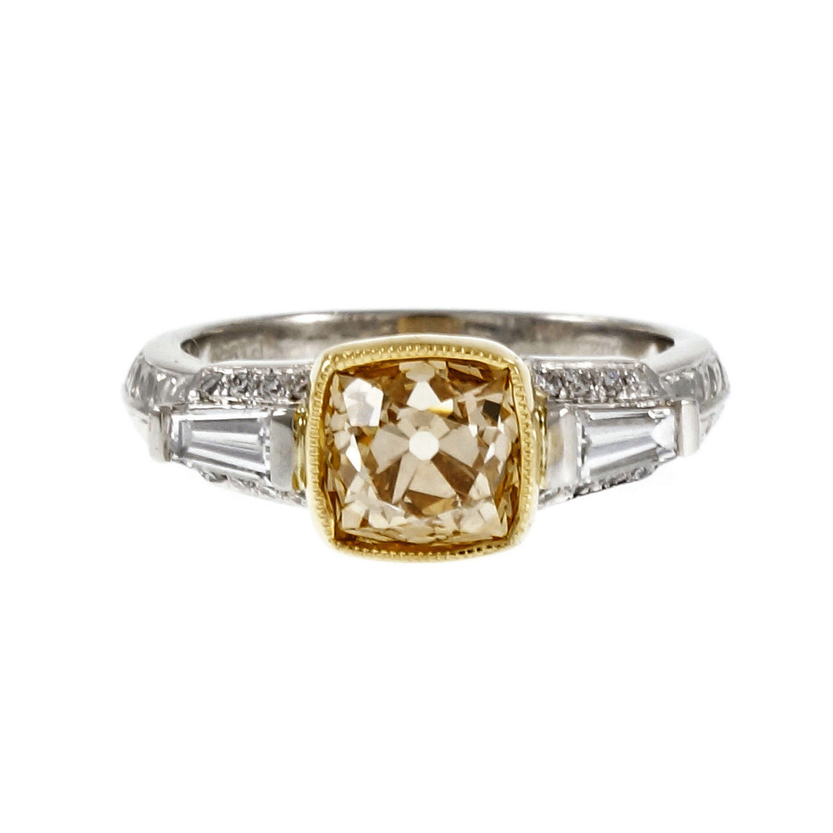 Natural Brown Yellow Antique Cushion Diamond Ring Platinum 18k Gold – image 4