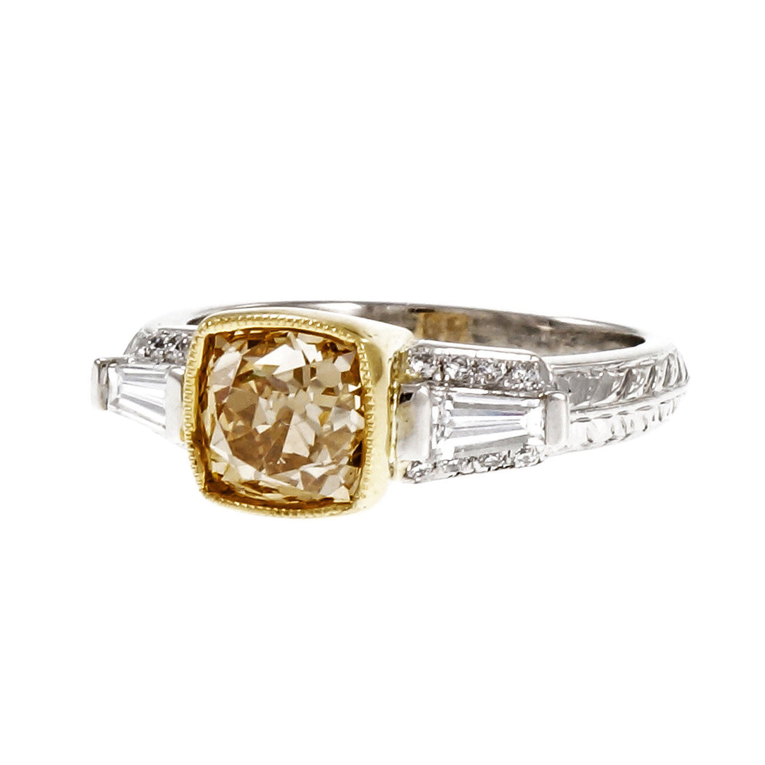 Natural Brown Yellow Antique Cushion Diamond Ring Platinum 18k Gold – image 5