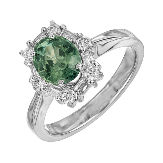 GIA Certified 1.54 Carat Natural Blue Green Sapphire Diamond Engagement Ring
