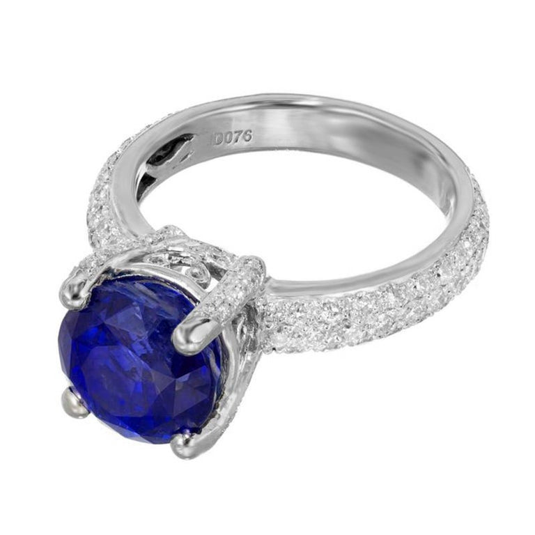 AGL 5.05 Carat Round Blue Sapphire Diamond Platinum Engagement Ring – image 4